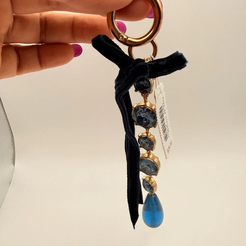 J.Crew Navy Velvet Ribbon Blue Crystal Teardrop Bag Charm Keychain 6inch NEW